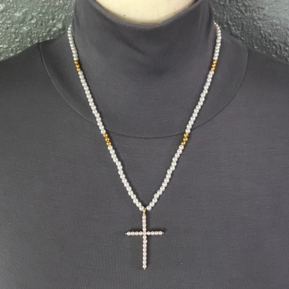 SOLD—Medici Contessina Pearls Gold Renaissance Cross Necklace Handmade Replica - Picture 9 of 16